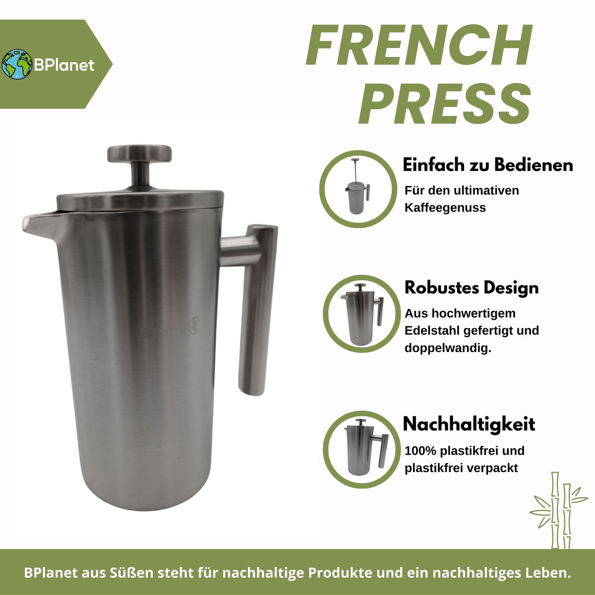 French Press aus Edelstahl | 0,6 Liter (3 Tassen) | Thermo Kaffeebereiter doppelwandig isoliert
