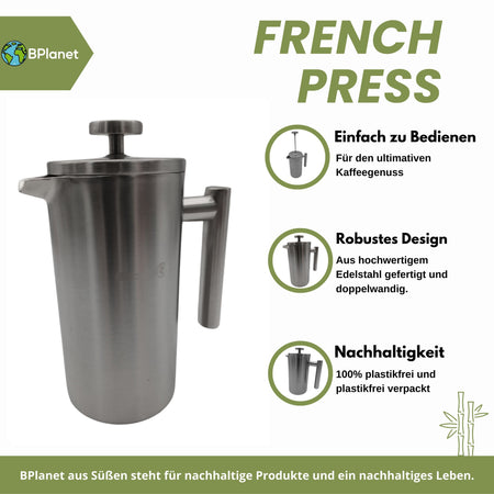 French Press aus Edelstahl | 0,6 Liter (3 Tassen) | Thermo Kaffeebereiter doppelwandig isoliert
