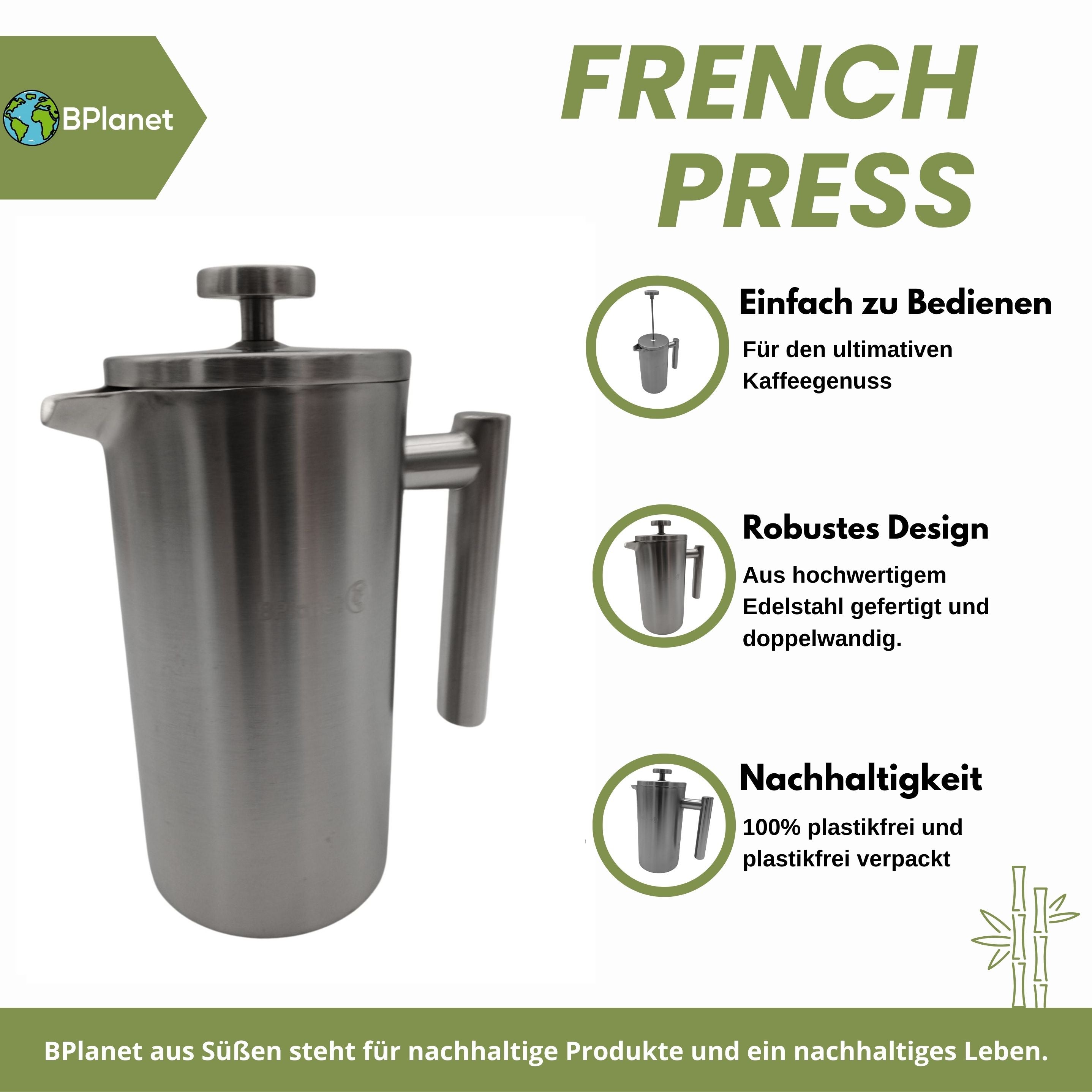 French Press aus Edelstahl | 0,6 Liter (3 Tassen) | Thermo Kaffeebereiter doppelwandig isoliert