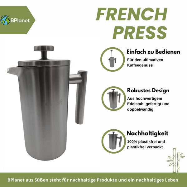 French Press aus Edelstahl | 0,6 Liter (3 Tassen) | Thermo Kaffeebereiter doppelwandig isoliert