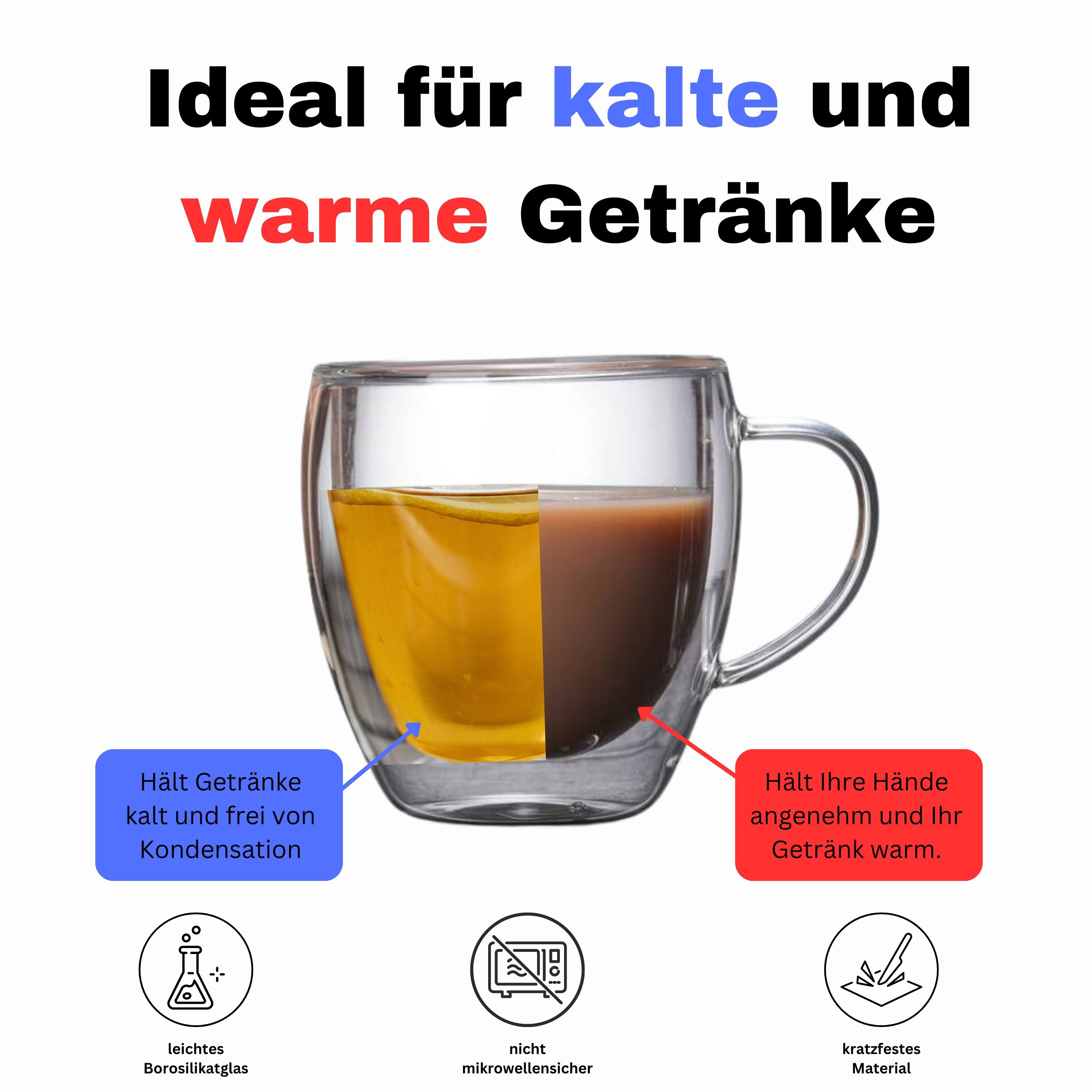 BPlanet Glas-Kaffeetasse, doppelwandig, isoliertes Trinkglas mit Griff | 250 ml
